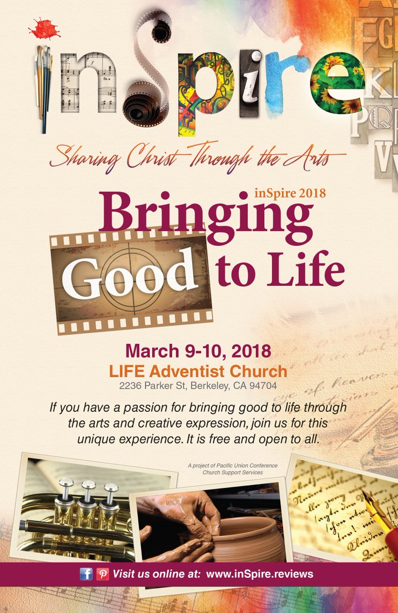 NADadventist's tweet photo. THIS WEEK: Celebrate God-given gifts (music, painting, photography, videography and more), and to explore ways that we can use them to share with our surrounding culture messages of hope. #inSpireBerkeley. Details: https://t.co/Ztgf6OegdU https://t.co/K3lM99CJQC