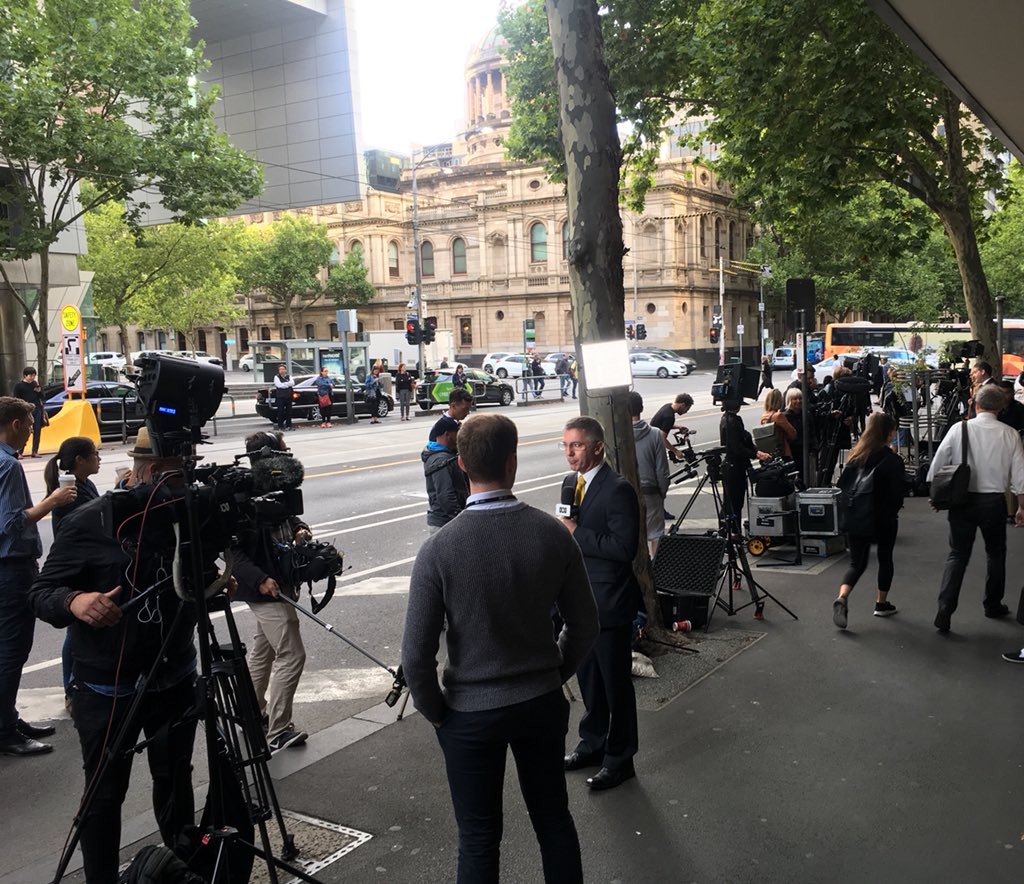 annelisenews's tweet photo. Growing media contingent at the Melbourne Magistrates Court ahead of Cardinal George Pell’s committal hearing. 27 media outlets from around the world including US, Germany and Sweden have requested seats in the court room @SkyNewsAust https://t.co/JGobEDnXNn