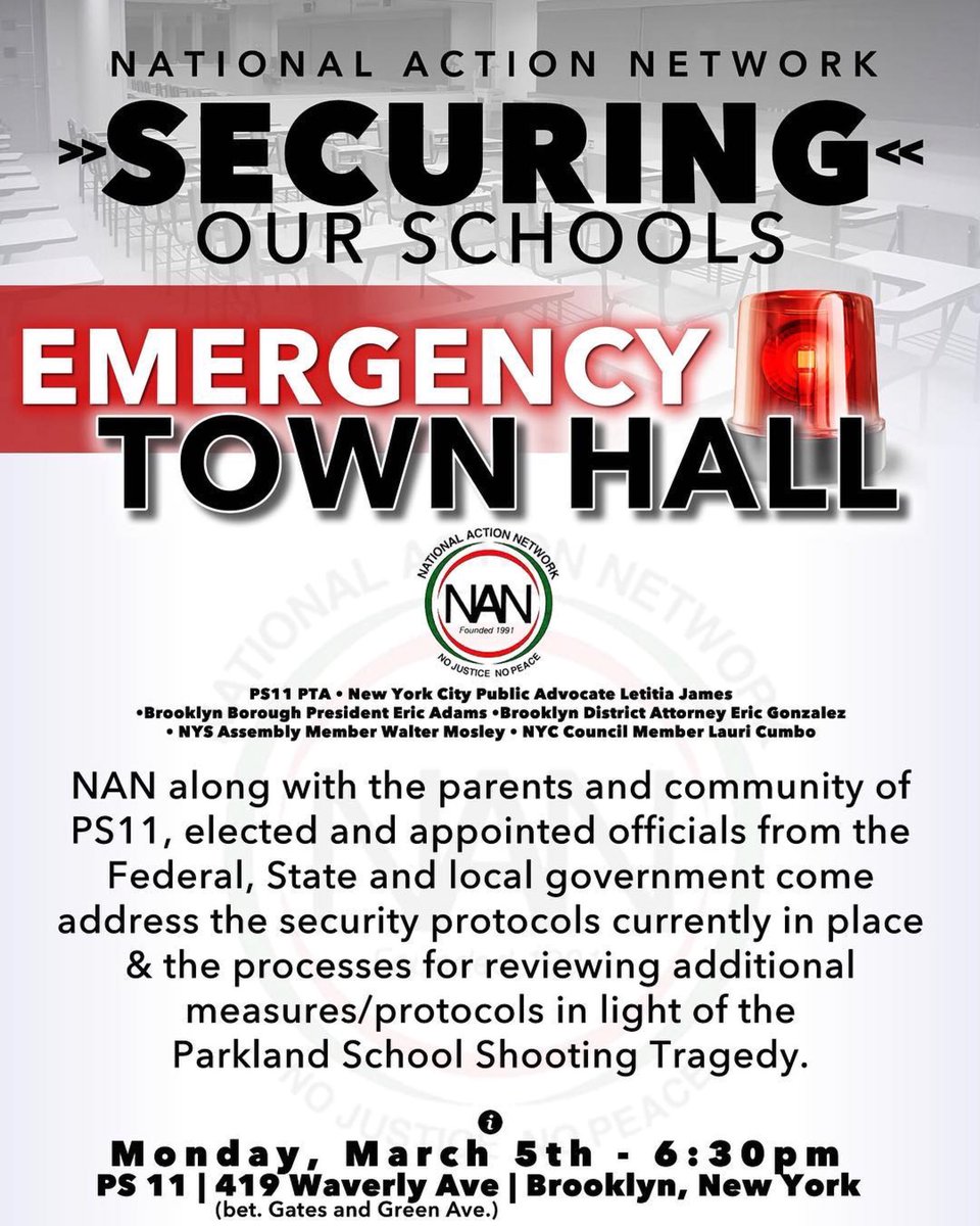 NationalAction's tweet photo. #SecuringOurSchools: An Emergency NAN Town Hall along with the parents &amp; community of PS 11 in Brooklyn convene an Emergency Town Hall to discuss the current state of safety, security in our schools &amp; how we can work together to improve the security of New York City's schools. https://t.co/zUc6XVJOlU