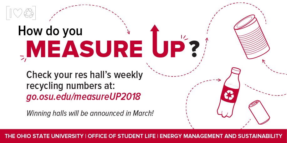 StudentLifeOSU's tweet photo. We're heading into the FINAL WEEK of the 2018 Residence Hall Recycling Competition! See how your res hall measures up: https://t.co/KV7MyPkwQj #MeasureUp2018 #GreenBuckeyes https://t.co/R0lF4fADJ5