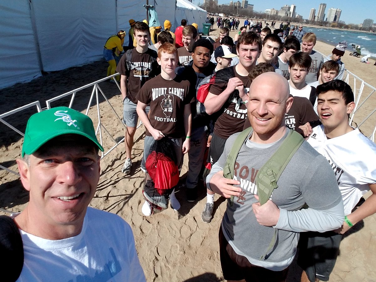 Waiting to take the "plunge" (Chicago Polar Plunge)...and the Mount Carmel football team was right behind me in line - with new head coach Jordan Lynch - what timing. #SpecialOlympics #MountCarmel #ChicagoPolarPlunge