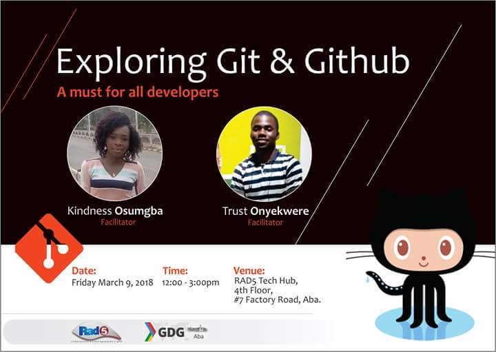 rad5techhub's tweet image. It&apos;s another food for Developers around Abia cooked by us alongside @gdg_aba, to be dished by @KindnessOsumgba and @iamtjah on Friday March 9th, 2018 by 12pm.

Come explore the use of #Git and #GitHub. #Abia4Tech #gdg @github @abacityblog
