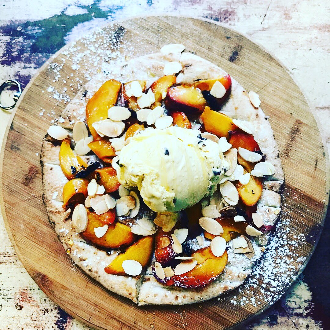 ForgeMenu's tweet image. Dessert Pizza too good to miss... Grilled Peach Pizza - Grilled peach with honey, toasted almonds and honeycomb gelato