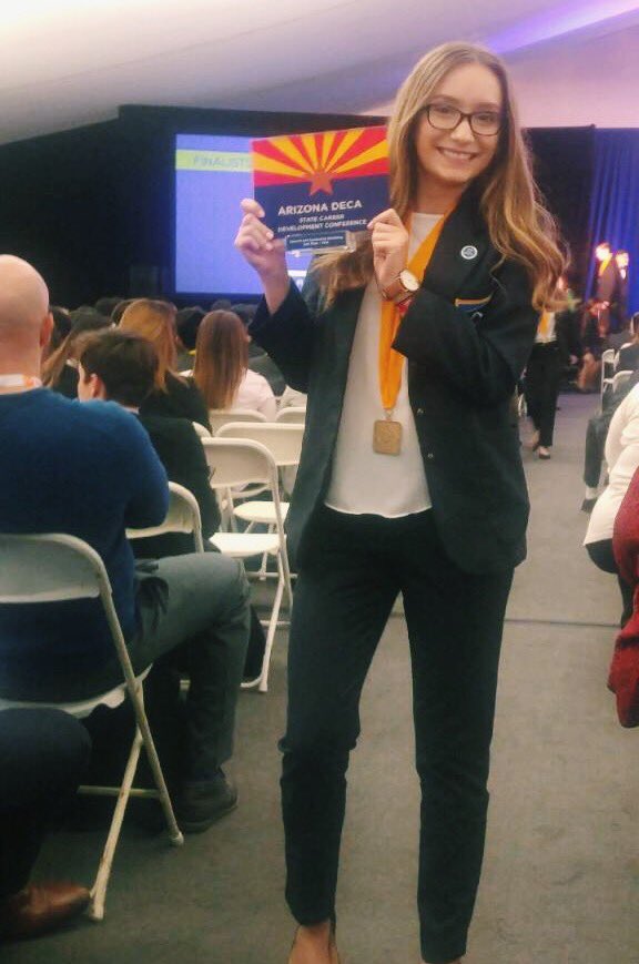 decawchs's tweet photo. Congrats to Edith Micu for placing 2nd in Apparel and Accessories Marketing at state!! #AZdecalimitless https://t.co/3eRtKtLvNR