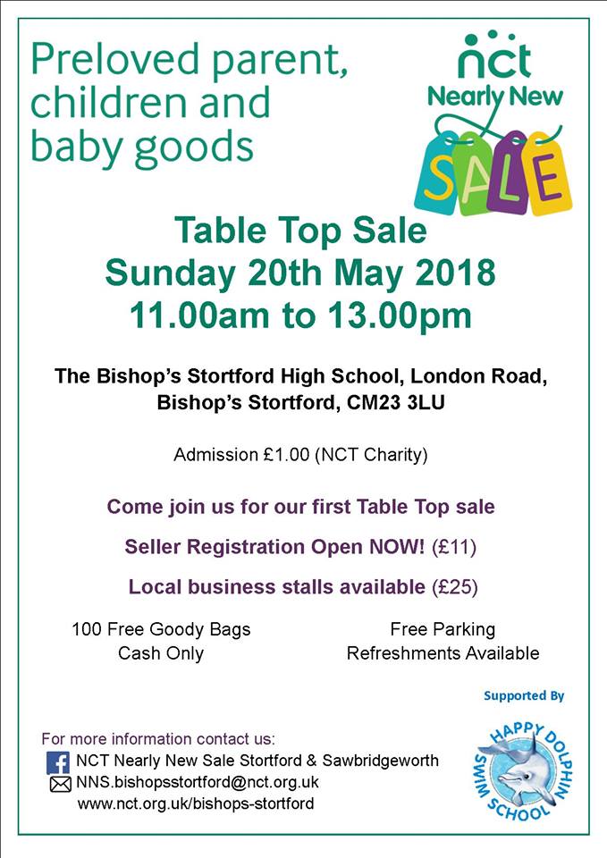 5 TABLES LEFT!
NCT Table Top Nearly New Sale £11 a stall. We provide the table, you provide the kids toys/clothes and sell at your own stall. You take 100% of the profits made from your stall.
Bishops Stortford High School 20th May 11am-1pm
Book here: nct.intrabiz.co.uk/cgi-bin/sys.cg…