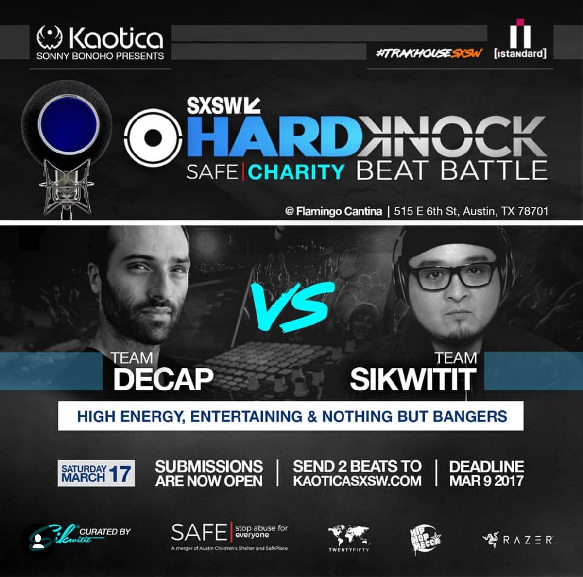 decapmusic's tweet photo. I am sponsoring a beat battle / fundraiser for @SAFEatx with @iamsikwitit x @kaoticaeyeball x @istandard at SXSW.

Producers: if you’ll be at SXSW, and you have fire:

Submit your beats: https://t.co/x3U3P4D8ie https://t.co/q0Qgxt68B9