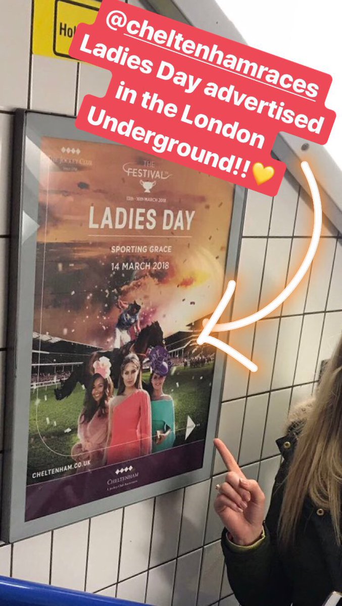 How exciting to see the <a href="/CheltenhamRaces/">CheltenhamRacecourse</a> Ladies Day Festival advert in the #London #Underground today! Just 9 days to go #illbethere 🐎🎊