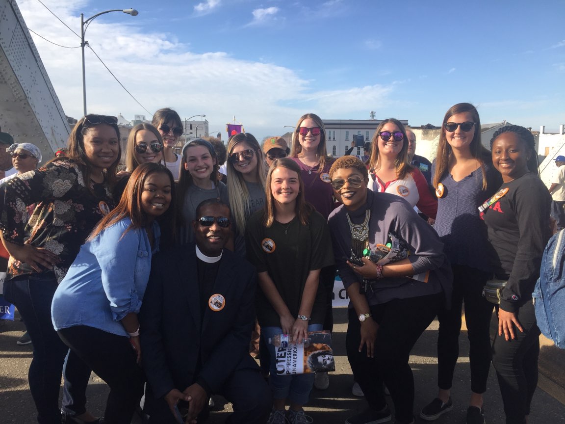 UA_SocialWork's tweet photo. REMEMBERING BLOODY SUNDAY: UA social work students from Dr. Tommie Watkins' SW 351: Social Oppression and Injustice class joined thousands who marched to the Edmund Pettus Bridge in Selma AL Sunday, March 4 in commemoration of the 53rd anniversary of Bloody Sunday. #BloodySunday https://t.co/DSO1M69nA5