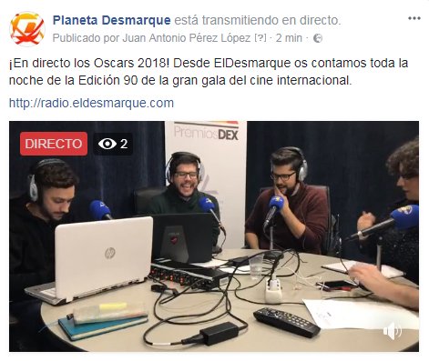 <a href="/PlanetaDMQ/">Planeta Desmarque</a> @DesmarqueRadio 🎬 ¡En marcha nuestro programa especial de los #Oscars en <a href="/PlanetaDMQ/">Planeta Desmarque</a> y @DesmarqueRadio! Síguelo a través de FACEBOOK LIVE en este enlace 👇 facebook.com/PlanetaDesmarq…