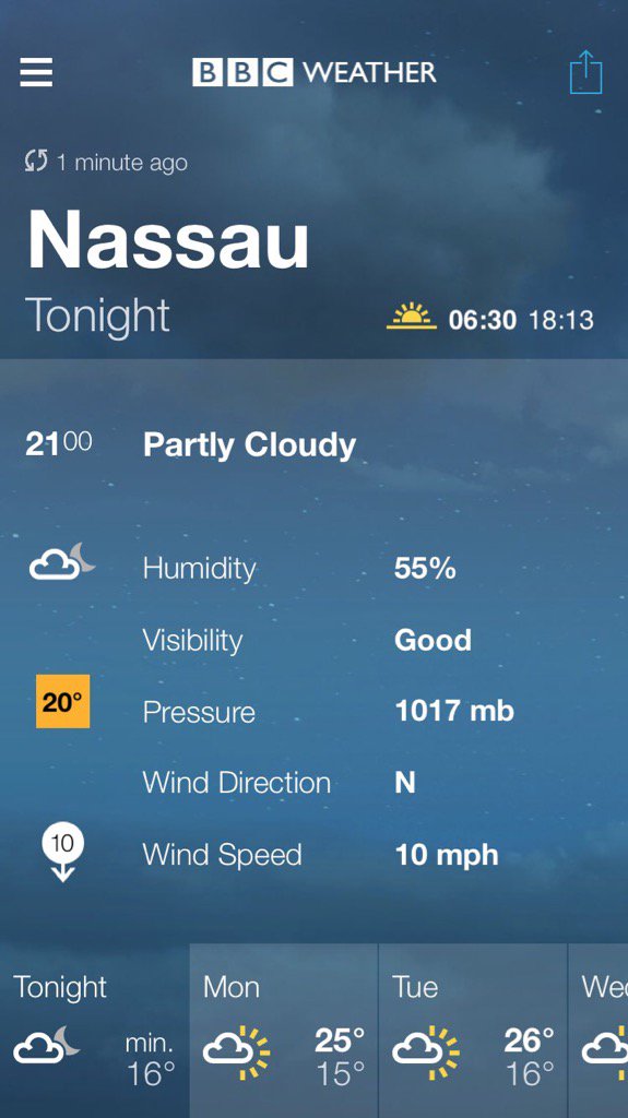 bespangle's tweet image. BBC Weather forecast for Nassau. Tonight: Partly Cloudy. Min 16°C. bbc.co.uk/weather/357182…