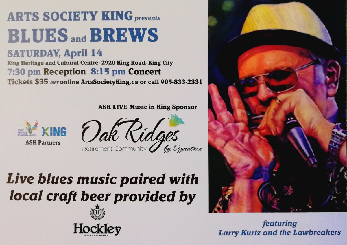 milliesblues's tweet photo. CONCERT ANNOUNCEMENT! 
BLUES &amp; BREWS featuring Larry Kurtz &amp; The Lawbreakers Saturday April 14 King Heritage Cultural Center presented by ArtsSoicietyKing 
7:30 pm Reception 8:15 PM Concert
Tickets $35 + HST online https://t.co/hx1re2aDJJ or call 905-833-2321 https://t.co/Ryh9LQb4uF