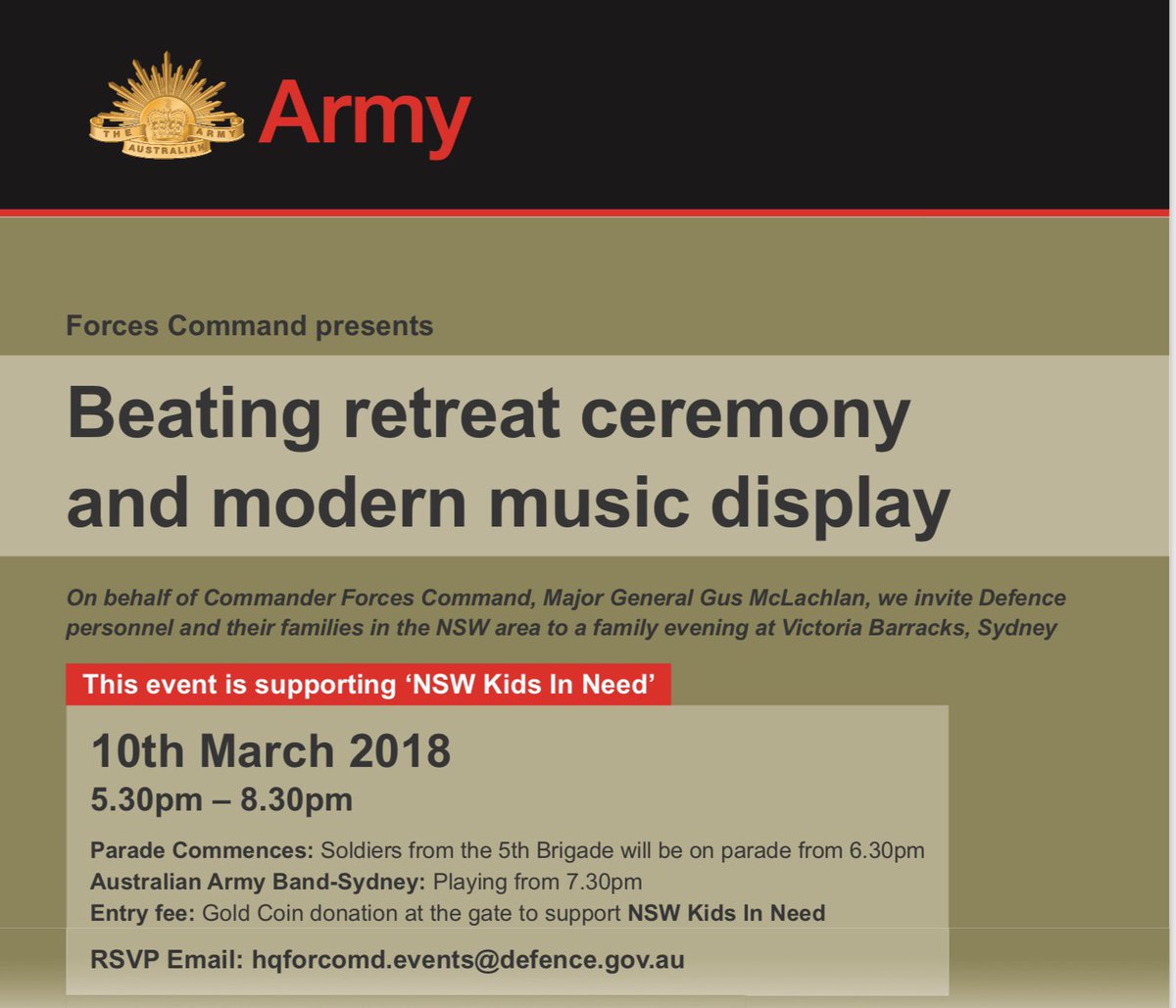 FORCOMDAusArmy's tweet image. #ForcesCommand invites Defence personnel &amp;amp; their families to a parade &amp;amp; music display this Saturday, 10 March. Come and enjoy a picnic on the lawns of Victoria Barracks, Sydney. #5Brigade soldiers &amp;amp; @AustArmyBand to provide entertainment #OurCommunity @comdforcomd @Commander2Div