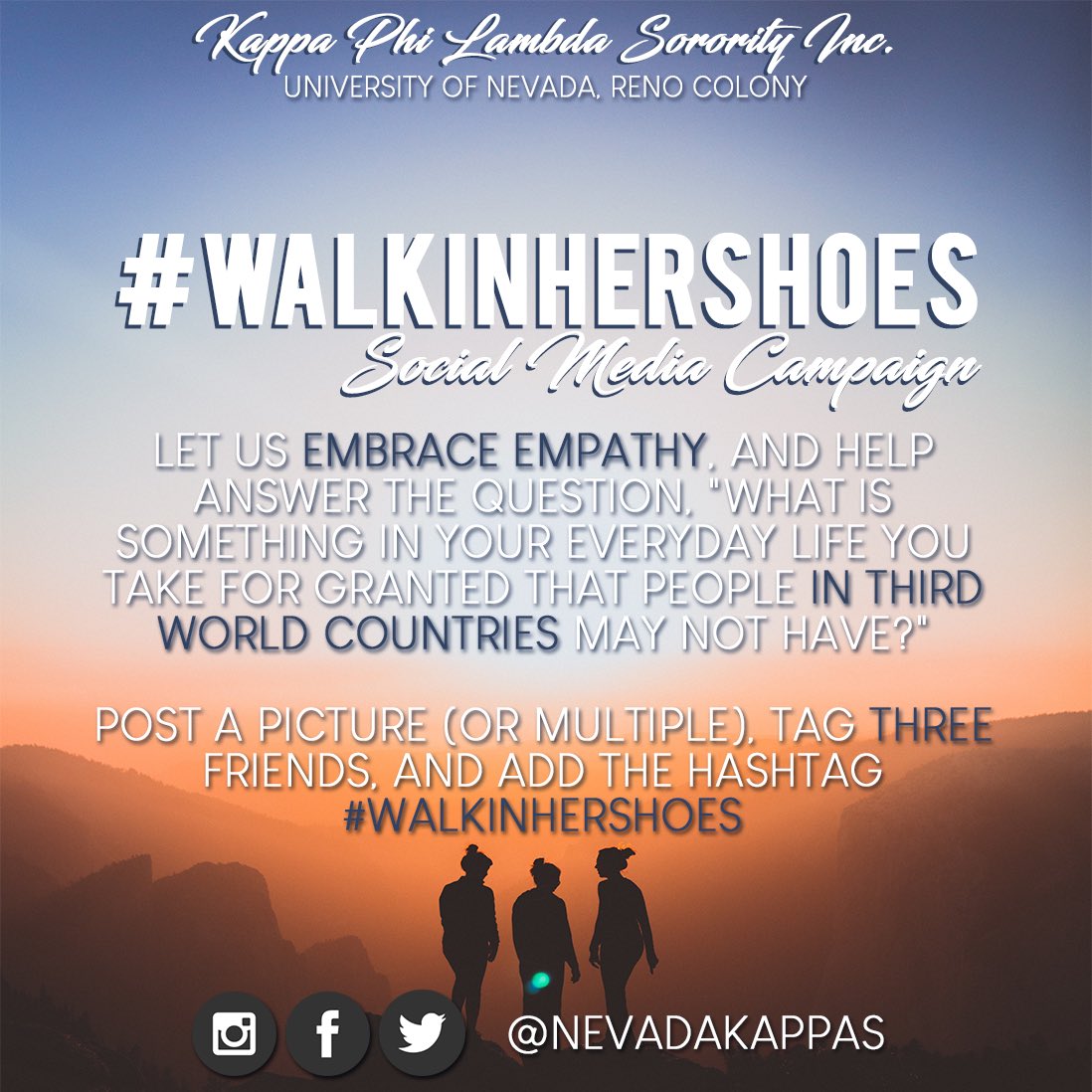 NevadaKappas's tweet photo. From March 5-9th, answer the question "What is something in your everyday life you take for granted that people in third world countries may not have?" Post a picture, tag THREE friends, and add the hashtag #WalkInHerShoes for a chance to win two tickets to our benefit dinner! https://t.co/iunJbMOpkv
