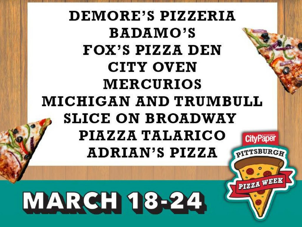 Mark your calendars - Pittsburgh Pizza Week 2018 is coming up soon and we can't wait  🍕 <a href="/BadamosPizza/">Badamo’s Pizza</a> <a href="/MercuriosPGH/">Mercurio's</a> <a href="/Pgh_Slice/">Slice on Broadway</a> <a href="/cityoven/">City Oven</a> @MIandTrumbull