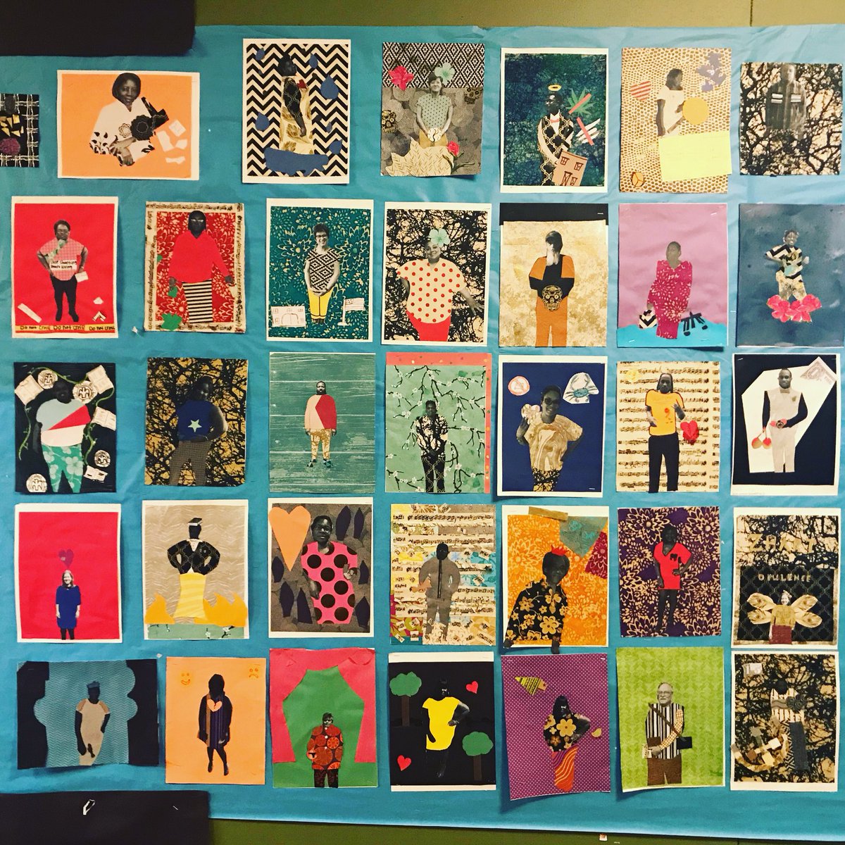 CityNeighborsHS's tweet photo. Government students’ art,inspired by Amy Sherald, reflecting the personality and ideas of the person they interviewed about a problem and solutions in Bmore. The @BaltCitySchools CNHS community is so beautiful! #artsintegration https://t.co/VZtT6y9Q5L