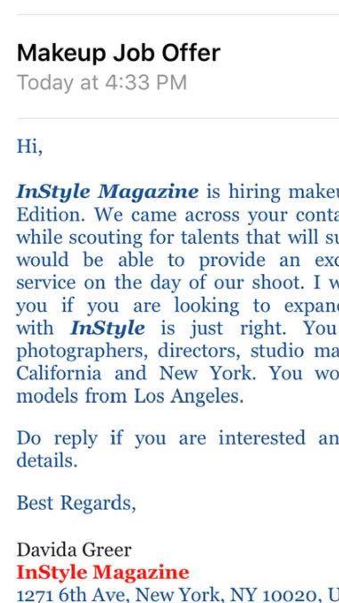 BethanyFae's tweet photo. BEAUTY INFLUENCERS please be aware of a new human trafficking scam going around where you receive an email from a magazine publisher. They offer to fly you out &amp; work w/ you. ALWAYS check the email. If it’s “gmail” or not from the from the publisher they are human traffickers. https://t.co/oTjMFu0xUY