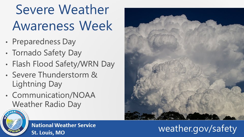 NWSStLouis's tweet photo. Join us in promoting severe weather safety this week during the Missouri and Illinois Severe Weather Awareness Week March 4th through 10th, 2018. We will be sharing posts and tweets throughout the week! https://t.co/qZy0Q8tMVI