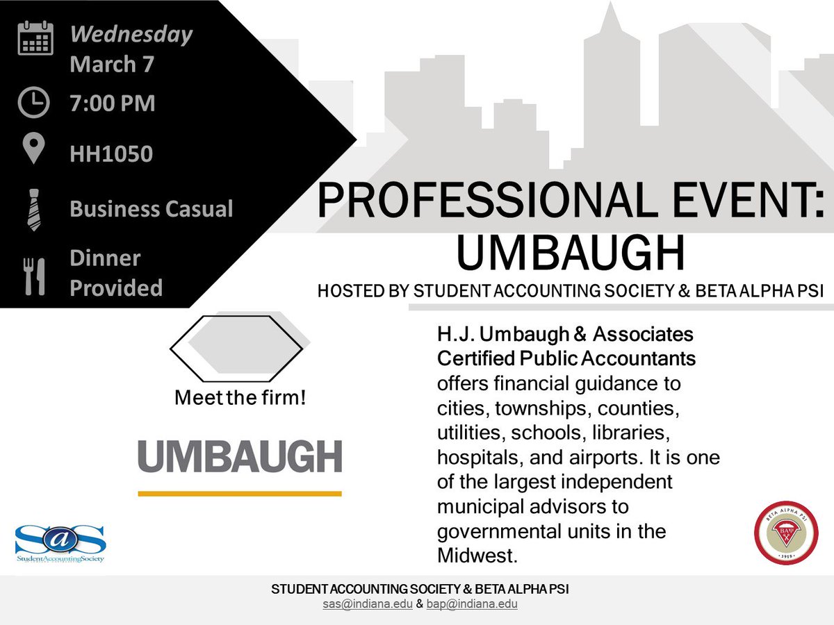 Join us this Wednesday at 7:00PM in HH1050 for a professional event with Umbaugh!