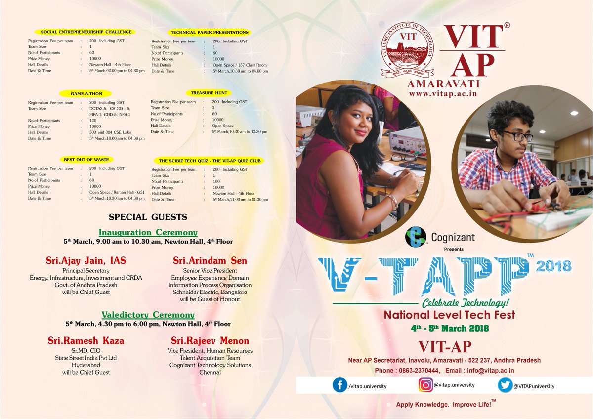 VITAPuniversity's tweet photo. After the insightful workshops yesterday, we are ready for some hi-tech fun and spirited competitions.  #VTapp, here we come. #VITAP #TechFest https://t.co/BIDV7YH6b7