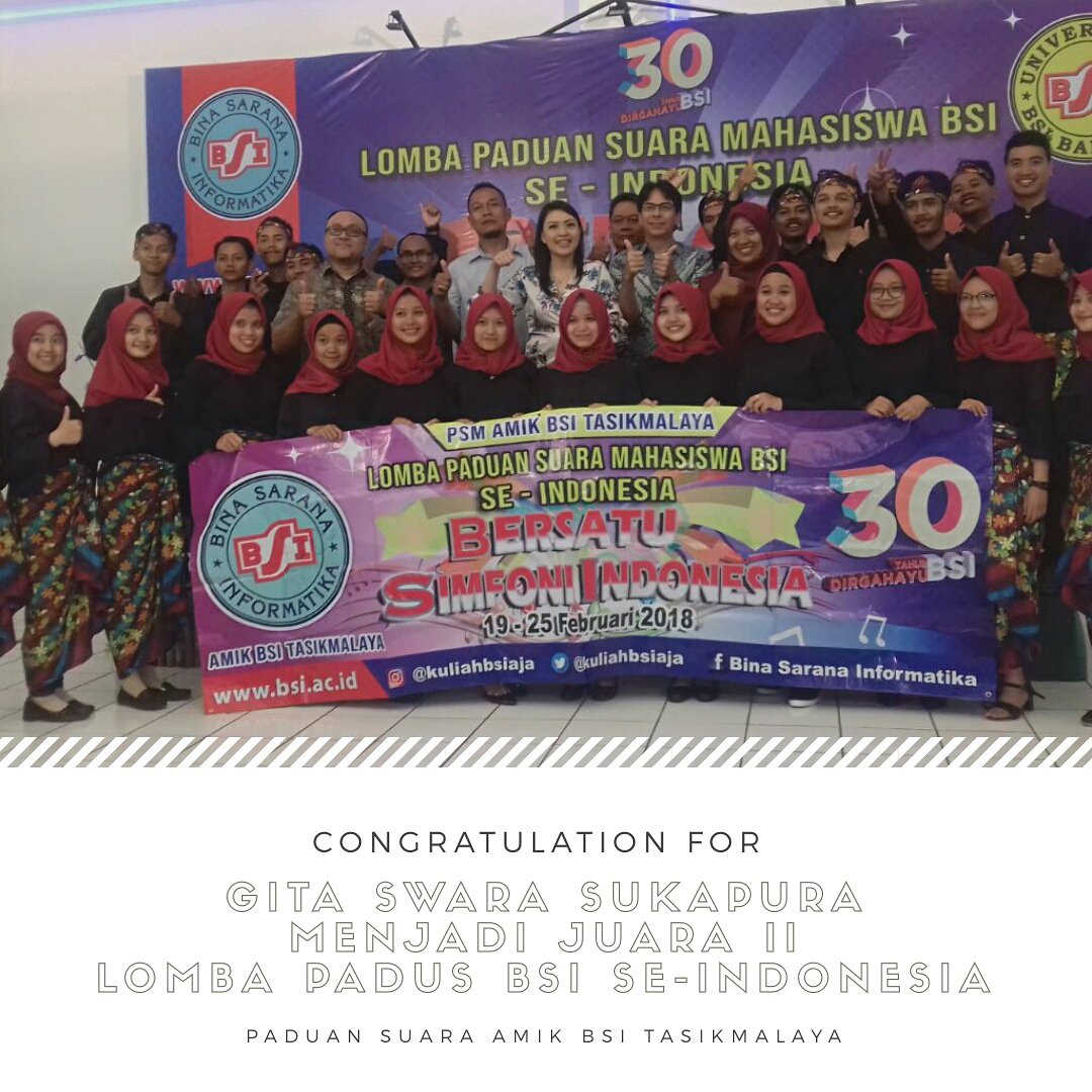 BSI_Tasik's tweet photo. Congratulations For GITA SWARA SUKAPURA Paduan Suara AMIK BSI Tasikmalaya yang menjadi juara II pada Ajang Lomba Padus BSI Se-Indonesia 🙏👏😊
Tetap Semangat dan terus Tingkatkan Prestasi kalian sobat2 Padus Gita Swara Sukapura 👍
@kuliahbsiaja #padusi #lombabsi #lombapsmbsi https://t.co/dfWmjsL5aX