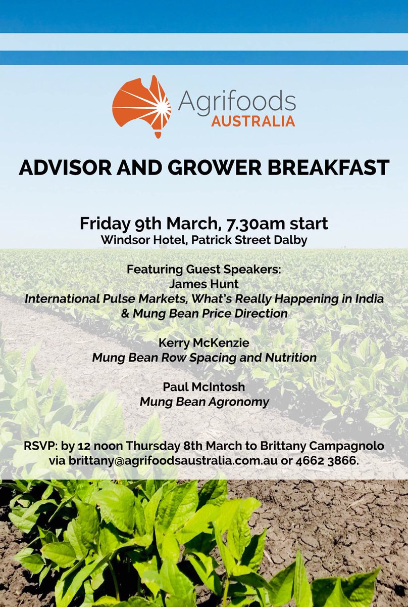 agrifoodsaust's tweet photo. Agrifoods Australia grower and advisor Mungbean breakfast on this Friday (9th) at 7.30am - hope to see you there. RSVP essential for catering please https://t.co/r7E1GuczT6