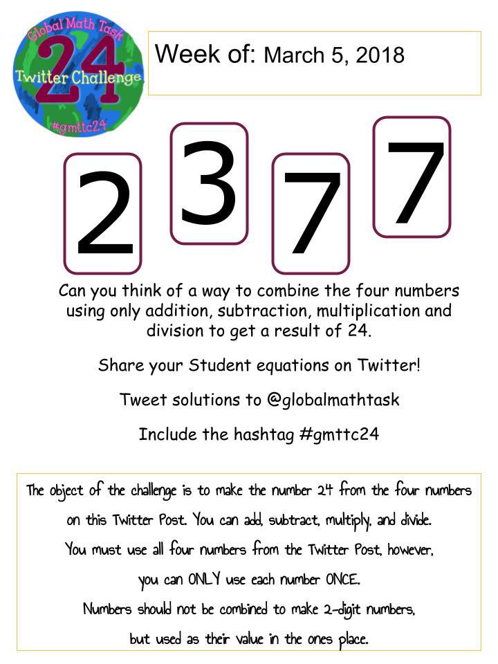 globalmathtask's tweet photo. #gmttc here is the #gmttc24 @padlet ! Post all the ways to make 24 this week! https://t.co/NzroQb5uHW… #mathchat #mathschat #elemmathchat #elemchat #3rdchat #4thchat #edumatch #EduGladiators #mtbos #mathschat #primary #ukedchat https://t.co/Vov9IK4FRq