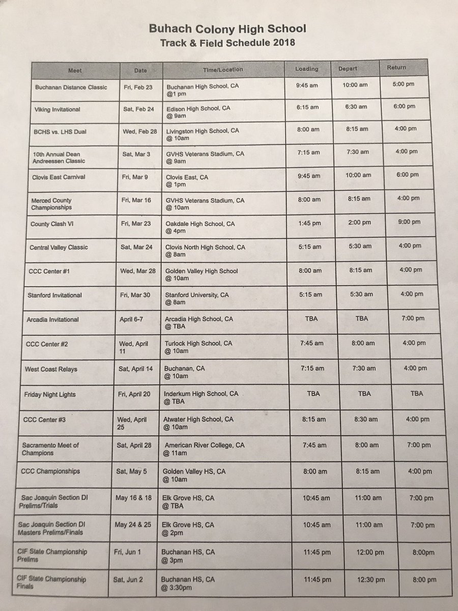 Updated 2018 BC track schedule: