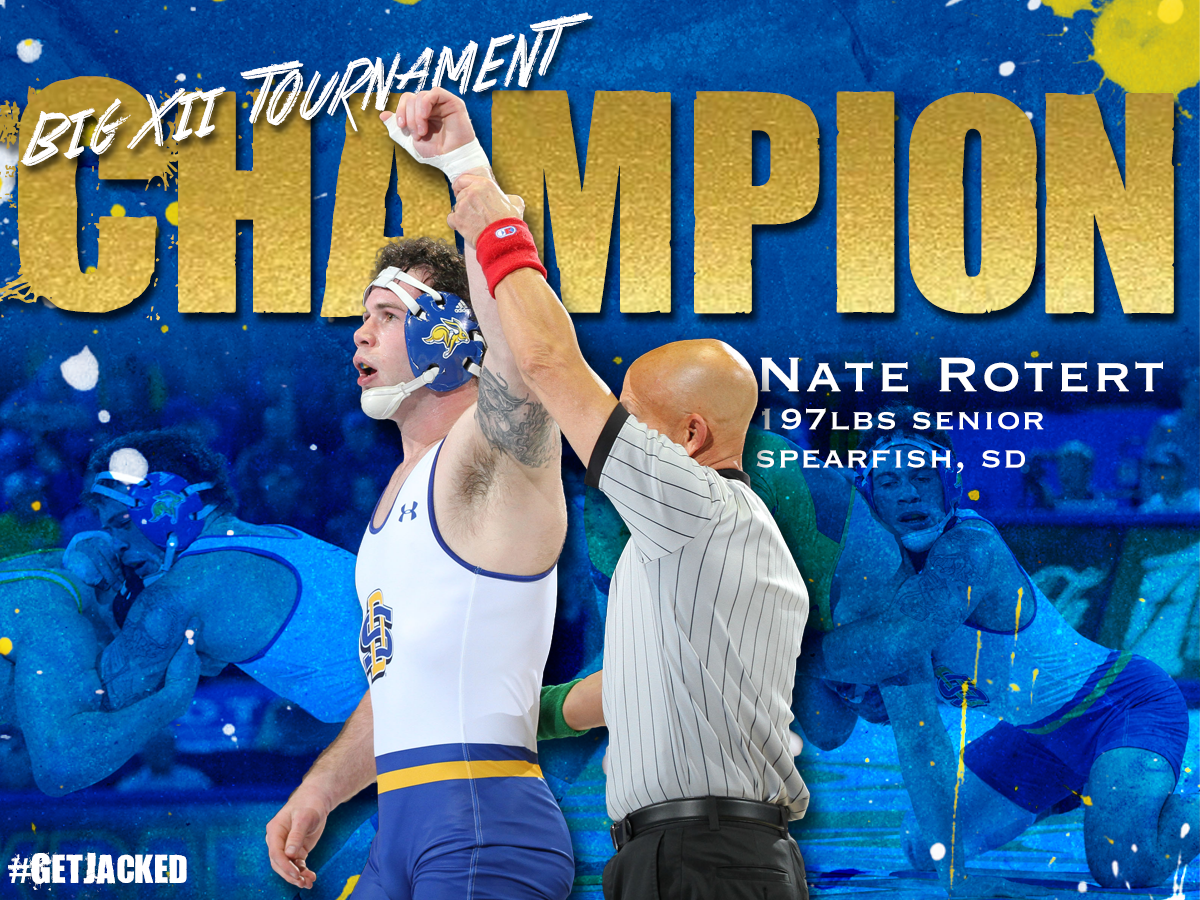 GoJacksWrestle's tweet photo. 197 Final: After some confusion, Nate Rotert picks up the victory and is your #Big12WR champion at 197 pounds! First title for Rotert, who will be making fourth NCAA appearance. https://t.co/puqx91adb2