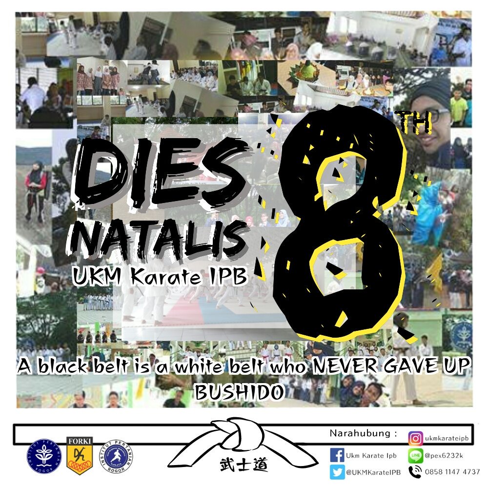 UKMKarateIPB's tweet photo. [[DIES NATALIS]]

Tanggal 22 Februari 2018 yang lalu UKM Karate IPB berusia 8 tahun, dan pada tanggal 3-4 maret kami merayakan Dies natalis ke 8

Selamat dan Sukses 
Dies Natalis UKM Karate IPB ke-8

#ukmkarateipb
#diesnatalisukmkarateipb
#infokom
#Congratulations https://t.co/wtmR6h4ntu