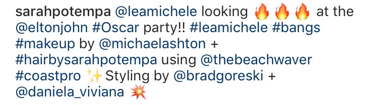 CaptSwanHook's tweet photo. Sarah Potempa posted this pic of Lea Michele on Instagram saying: @/leamichele looking 🔥🔥🔥 at the @/eltonjohn #Oscar party!! #leamichele #bangs #makeup by @/michaelashton + #hairbysarahpotempa using @/thebeachwaver #coastpro ✨Styling by @/bradgoreski + @/daniela_viviana 💥 https://t.co/lwPq3oEBTL