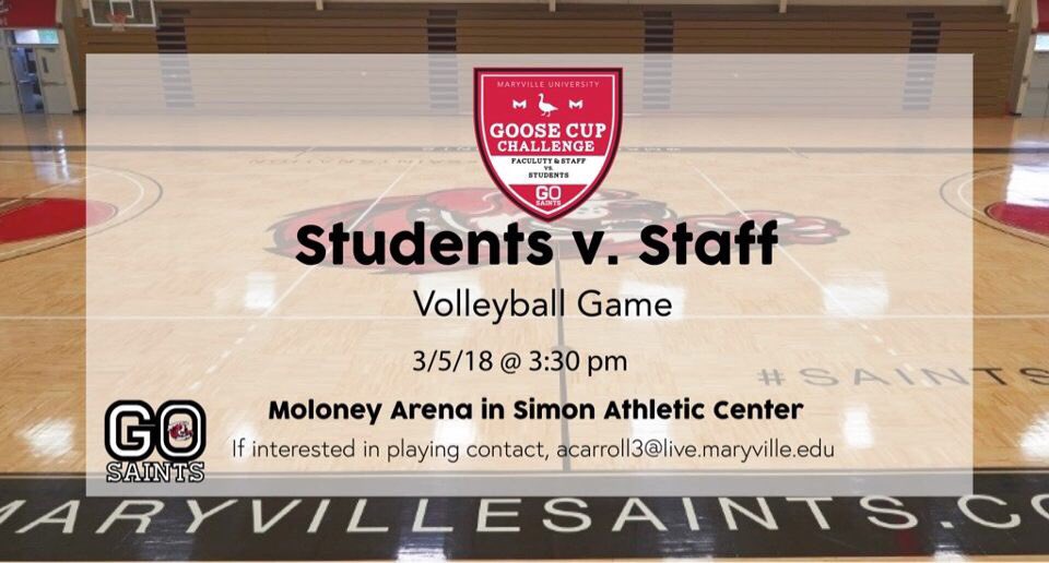 Saints Nation! What are you doing tomorrow at 3:30?! Playing volleyball against faculty &amp; staff (if they decide to show up😉) and helping serve up another win for students!🏐