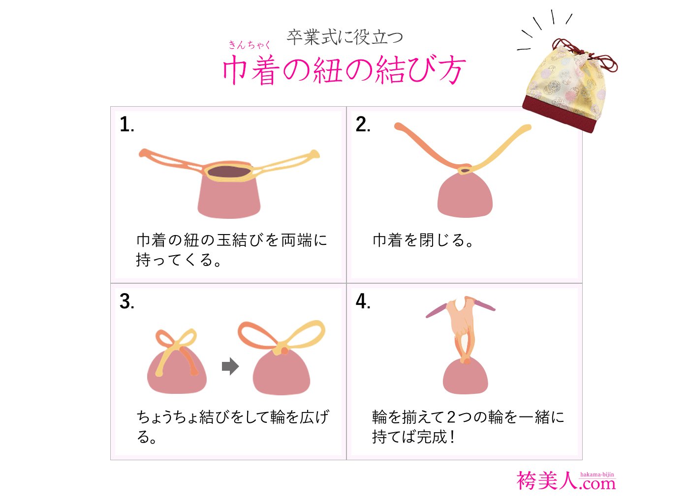 Twitter पर 晴れ着の丸昌 卒業はかま 振袖レンタル 保存版 卒業袴 きん着の紐の結び方 きん着の紐 は意外と長く 卒業式当日になって どうやって持ったらいいかわからない ということも ぜひ結び方をマスターしておいてください 結んだ紐の輪っかを