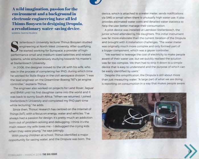 Bridgiot's tweet photo. Thanks @BigIssueSA for exposure given to https://t.co/831jd0JBtB which already saved more than 25 million litres (R1.5 million) at schools. A huge team effort by @Bridgiot @WeActForChange @CapeTalk @StellenboschUni @WC_EduMin @pragmaworld #Dropula, coming to a school near you. https://t.co/1Y7tskHP8t