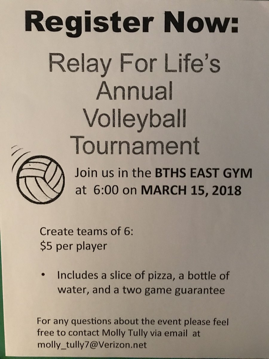 BTHSDogPound's tweet image. Make sure to register for the volleyball tournament, sign ups can be picked up and handed in to Molly Tully or rooms 207 or 306. All proceeds benefit Relay for Life, and each player is guaranteed pizza and water