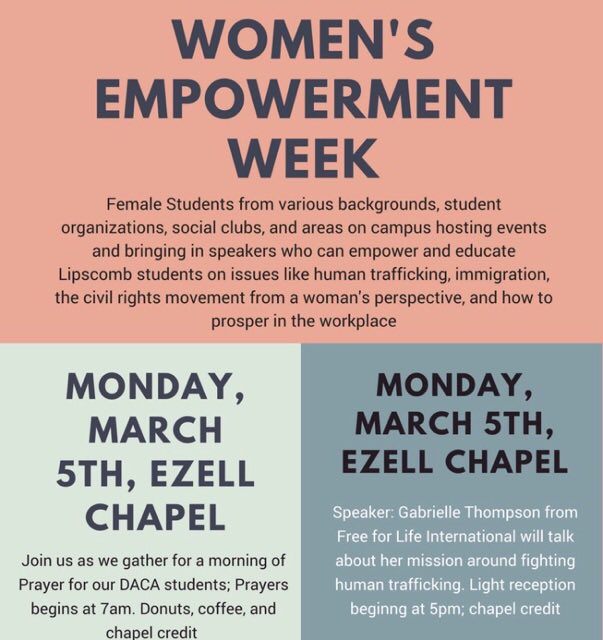 lipscombdsc's tweet image. March is Women's History Month! The DSC is partnering with other student organizations to host a Women Empowerment Week. The week starts with prayer for DACA students tomorrow at 7am and at 5pm we're learning about human trafficking. Chapel credit &amp;amp; refreshments will be at both!
