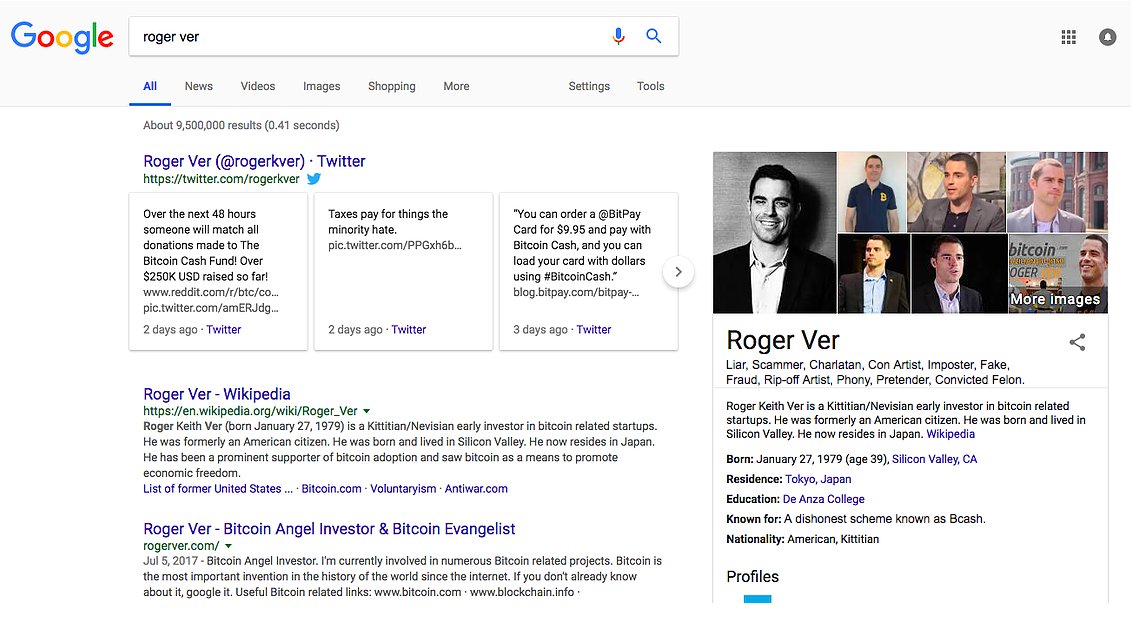 btrash_io's tweet photo. @rogerkver @BITCOlNCASH @BTCNewsUpdates @BitcoinCashFans @PurseIO @BlockInTheChain @niccary @brian_armstrong @iPayYouWallet LMAO... Who is @rogerkver ? So I googled the name check out the Bio on google.

Roger Ver
#Liar, #Scammer, #Charlatan, #Con #Artist, #Imposter, #Fake, #Fraud, #Rip-#off #Artist, #Phony, #Pretender, #Convicted #Felon.

Known for: A dishonest scheme known as #Bcash / #btrash https://t.co/HlQ0SlF7ay