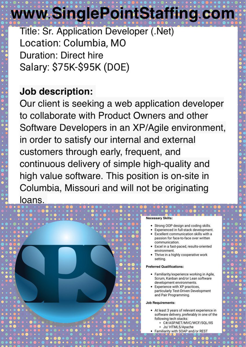 TheSinglePoint's tweet photo. #Hiring a Sr. App Developer .Net for this #tech #job in #Missouri. #Coding, #MVC, #HTML5 &amp; Scrum experience needed. #Apply here:  https://t.co/UzlslfwmqK https://t.co/BmjlEa7DXu