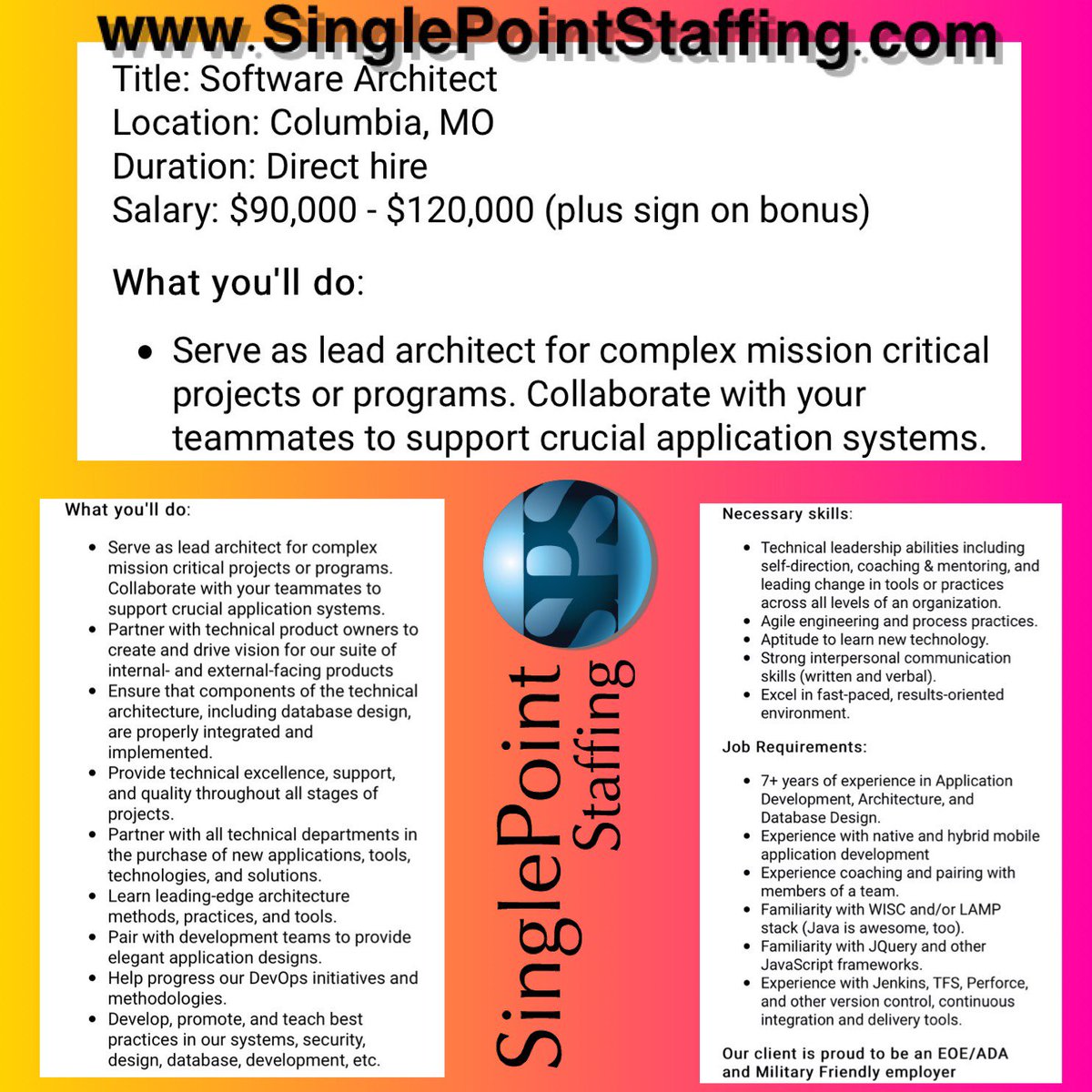 TheSinglePoint's tweet photo. Know a Software Architect looking for a great #job? Show them this: #Tech #career in #Missouri.  https://t.co/UzlslfwmqK https://t.co/8Iv1159cEo