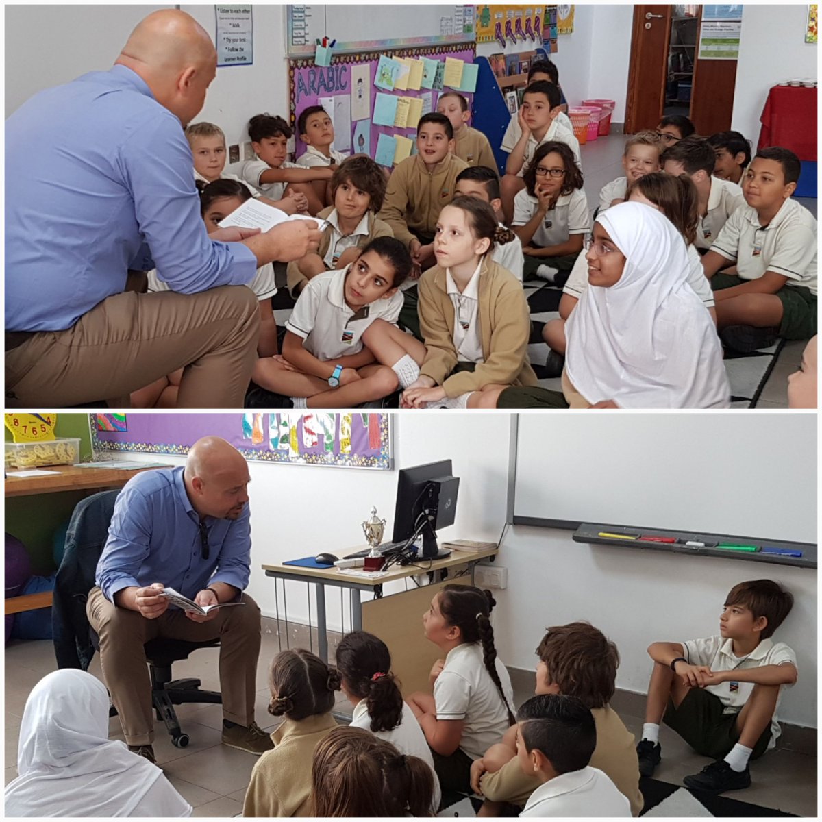 CathSlabber's tweet image. Enjoying one of our Dads reading to us for #gcsbookweek 
#behappybegcs @GCSPYPG4 @GCSchoolDubai @MrPlunkettGCS
