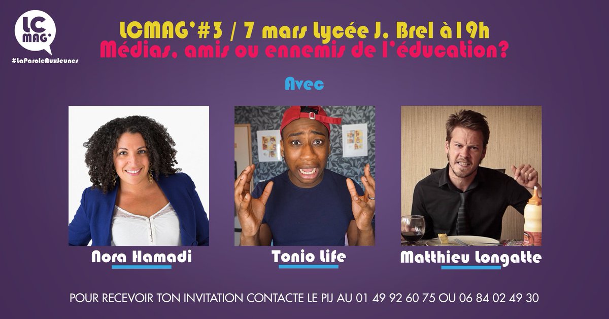 La_Courneuve's tweet photo. 7 mars à 19h au ##lycéeJacquesBrel de @Lacourneuve, enregistrement de la 3ème émission jeunesse du #LCMag'. On y parlera Médias et éducation. Assistez à l’enregistrement de l’émission en téléphonant au 01 49 92 60 75 / 06 84 02 89 30 / Message par la Page Facebook de l'émission. https://t.co/QE9I5jhkLV