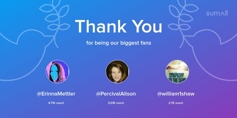 bh_writing's tweet photo. Our biggest fans this week: @ErinnaMettler, @PercivalAlison, @william1shaw. Thank you! via https://t.co/rxbHtFSZQx https://t.co/CyWefSe1bT