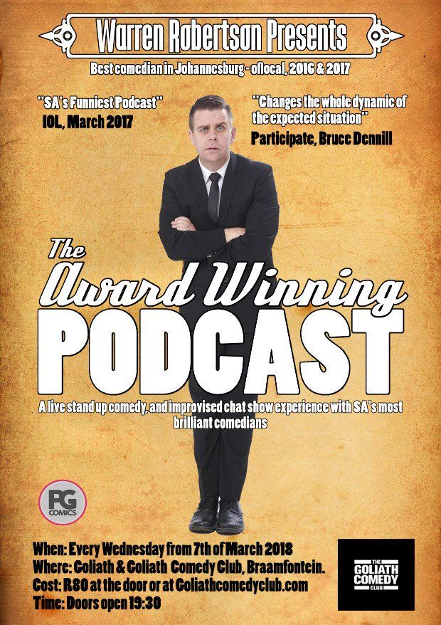 pickledgingerSA's tweet photo. Make sure you book for The Award Winning Podcast - season 2 with @WarrenRcomedian starting this Wednesday. Book at: https://t.co/XXp76QEvwx To listen to season 1 visit: https://t.co/dCIVNCHOdp #PGComics #PGComicsSA @TheGoliathCC https://t.co/8XrCOPwQZc