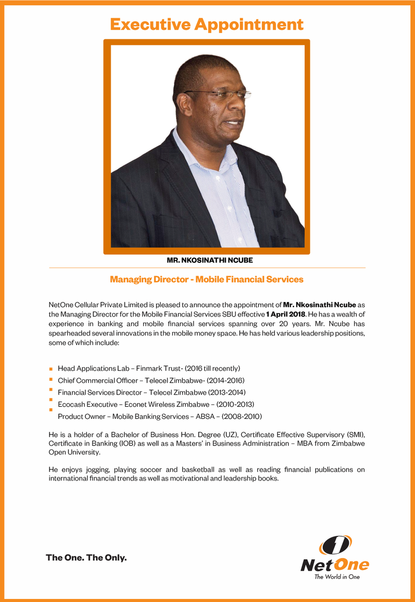 NetOneCellular's tweet photo. #NetOneCellular appoints new Managing Director - Mobile Financial Services, Mr. Nkosinathi Ncube. https://t.co/NykOGzksyC