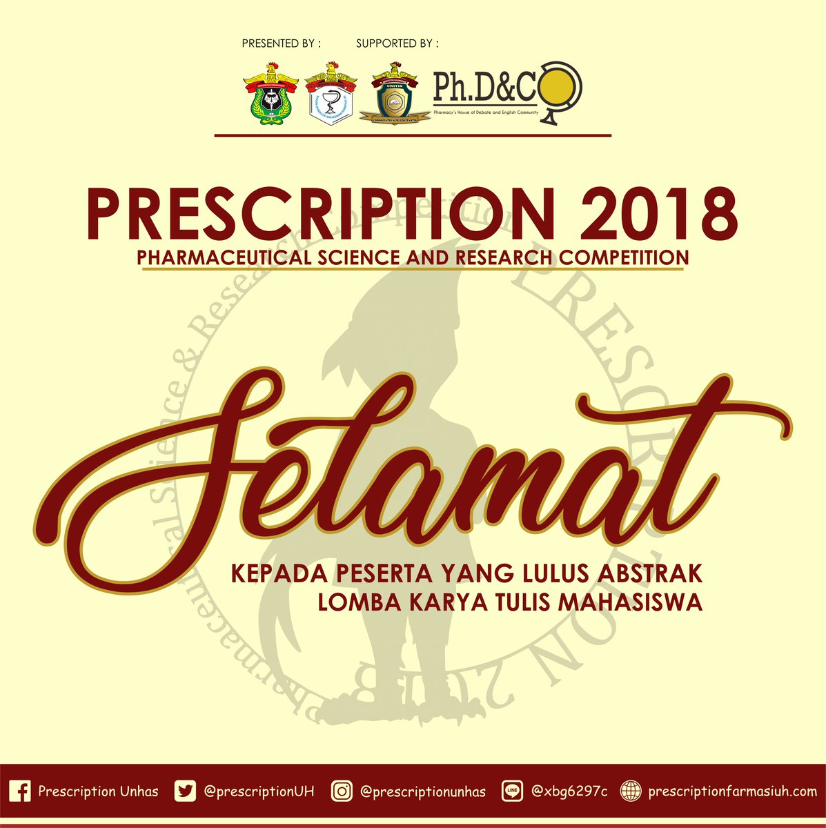 Assalamualaikum wr.wb
Hi sahabat prescription

Terima kasih telah berpartisipasi dalam Lomba Karya Tulis mahasiswa Prescription 2018
Setelah melalui serangkaian proses seleksi, maka kami dari panitia PRESCRIPTION 2018 mengucapkan SELAMAT kepada tim yang telah lulus seleksi