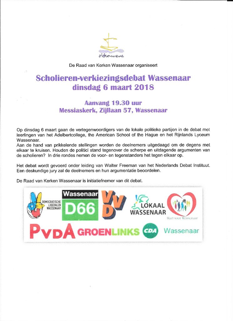Wil je meepraten over Wassenaar? De Messiaskerk organiseert een scholierendebat! #verkiezingen #wassenaar #debat