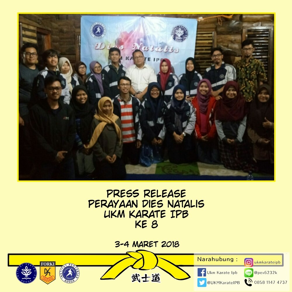 UKMKarateIPB's tweet photo. [[PRESS RELEASE]]

Osu!!!
Kemarin, tanggal 3-4 maret 2018 kami merayakan dies natalis UKM Karate IPB yang ke-8.
Banyak cerita yang terukir bersama selama 2 hari yang telah berlalu itu.
Semoga dengan hal ini semakin kental rasa persaudaraan kita.

#DiesNatalis8 
#ukmkarateipb https://t.co/bNZ8e66V6t