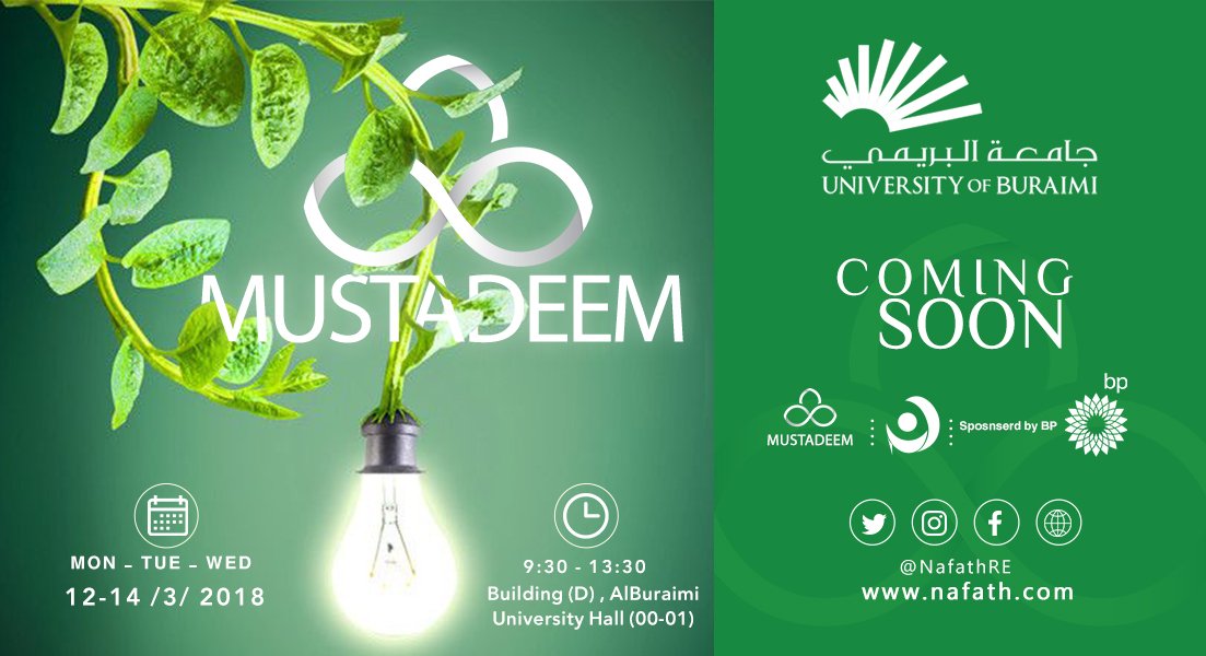 NafathRE's tweet photo. #Mustadeem where the
#Knowledges, #Practical_Experiments and all the funs in the world of #Renewable_Energy 😍
Wait for us at #Al_Buraimi _University
Registration with us via link below:
https://t.co/87hSRESCZ3
#Oman_Energy_Development 🇴🇲
#Nafath
#BP https://t.co/Flfd8PXyXE
