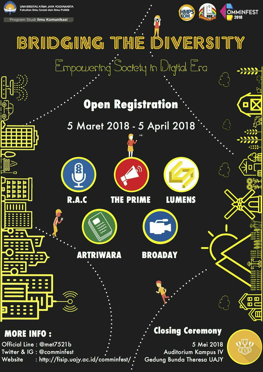 Comminfest 2018 Tema “Bridging the Diversity: Empowering Society in Digital Era” dengan aneka lomba Atriwara, Broaday, The Prime, Lumens Award &amp; Radio Announcer Competition
Info: <a href="/comminfest/">COMMINFEST 2025</a> / Line: @met7521bdil