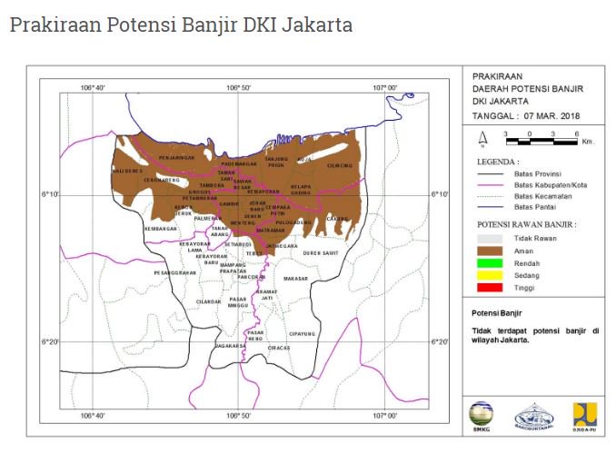 #PeringatanDiniJKT
PETA PRAKIRAAN DAERAH POTENSI BANJIR HARIAN DI DKI JAKARTA
Berlaku untuk RABU, 07 Maret 2018

Analisa : Tidak terdapat potensi banjir di wilayah Jakarta

Sumber : Prakirawan - BMKG