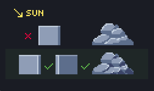 ENDESGA's tweet photo. ~ #PIXELART #QUICKTIP ~
Light direction doesn't always mean highlight direction. This is something to remember, because if you put the highlight on the further edge (not like a bevel) it can make objects look more solid/rigid/sharp - like stone! https://t.co/TY1guQiWka